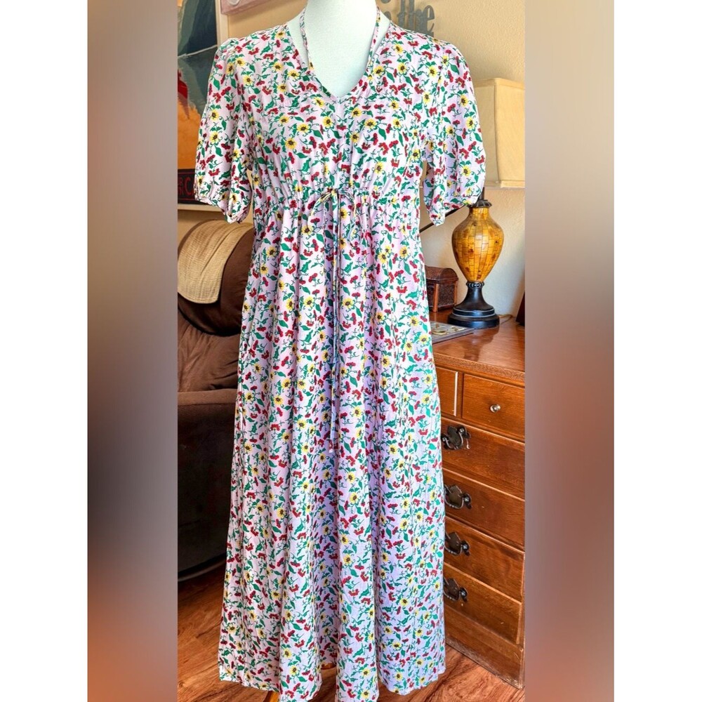 NEW Pink Floral Maxi Dress with V-Neck and Drawstring Waist sz LG